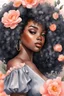 Placeholder: Create an watercolor image of a curvy black female wearing a grey off the shoulder blouse and she is looking down with Prominent makeup. Highly detailed tightly curly black afro. Background of large peach and grey flowers surrounding her