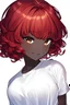 Placeholder: Design a black girl tanned skin short curly hair Red hair smiling White shirt White background