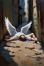 Placeholder: Abstract expressionism oil painting of an Urban alley grunge scene, fallen angel laying on ground in ripped robes, white stained wings, feathers misplaced, slight glowing, but broken halo. Dirty walls, graffiti in Latin, oil on the ground. Harsh shadows and goth undertones. areal view looking down , messy brush strokes, close up