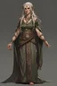 Placeholder: female middle aged high elf druid wearing medieval clothes with hands behind her back