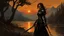 Placeholder: A formidable warrior girl in black armor, on the background Amazing gloomy landscape, flooded with sunset, mountains, trees, fabulous scary hero, , juicy emotions, painting, dark fantasy, gloomy day, dark world, portrait, by Leonid Afremov & Benedick Bana & Atelier Olschinsky & Brian Kesinger