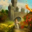 Placeholder:  Castle into sky, with flowers of fire. Green clouds and birds. Shy girl going out of the main gate. Detailed painting, sharp color, medieval, intricate detail, far sceen, realistic colors, medieval concept art. spring.