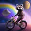 Placeholder: A raccoon astronaut riding a rainbow bike on a mission to gather space trash, jumping over asteroids as he goes.