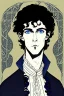 Placeholder: Black haired blue eyed freckled young male warlock in the style of aubrey beardsley