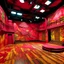 Placeholder: A reddish magenta drama theater with abstracted shapes painted by Vincent van Gogh