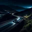 Placeholder: night time, a beautiful car on a mountain road, a glowing city in the distance, photo quality