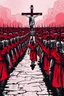 Placeholder: "A conceptual black-and- gdark Red digital illustration of a massive roman warriors walking in the same direction, heads down, symbolizing conformity. Jesus on the cross in the background, The atmosphere feels lifeless and repetitive, emphasizing the ordinary mindset of the majority."