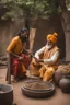 Placeholder: A Indian blacksmith seat on ground and work something with a Indian king standing in front of him and a bag of sandalwood on one side, the king pointing towards the Bag.