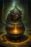 Placeholder: Living cauldron with shining sigil, slightly demonic beaver alien gremlin bat in it, prize winning oil painting