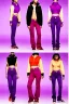 Placeholder: year 1999 women fashion, Techno, rave, Loose, straight, suit, low waist light trousers, t-shirt, new kind of hoodie with high tippet, which goes down along zipper! Colors: all denim colors, purple, khaki, lilac, plum, orange, terracotta, red, pink, dark blue, beige. Patterns: lynx, balls, stripes. lynx belt. starling or owl prints. Women models. Sharon Stone, Sandra Bullock, Winona Ryder, Milla Jovovich, Big tennis shoes on. Latex, denim and leather e.g. in Leg warmers.