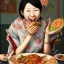 Placeholder: A happy japanese girl eating a meal with her lover who is having an erection