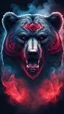 Placeholder: 2D image of abstract angry bear head symbol tattoo with rose element,blue and red tone light,motions fog smoke on dark cinematic background
