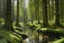 Placeholder: Peder Mork Monsted style, mossy oak tree, forest road, pine tree, puddle,