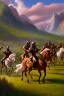 Placeholder: detailed oil painting, renaissance style, of mounted knights galloping across an open field, swords in hand, mountains in distance