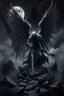Placeholder: surreal dreamlike scene, stunning warrior fallen angel with sword, mystic gloomy, surreal dark shadows and pale light, stones, rocks, dark vibe, come strom , dark colors, , moon with black darkness, fog, detailed, spalh art, black and white art