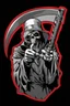 Placeholder: Grim-Reaper gripping scythe and pointing like uncle sam, vignette, black and white graphic novel style with a red outline, and black background, biker style