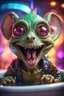 Placeholder: portrait of ultimate transcendent happy disco helmet wested pimp goblin gremlin weasel alien AI rasta frown with spotlights and huge forked tounge sticking head out of a bathtub portal, in front of space portal dimensional glittering device, bokeh like f/0.8, tilt-shift lens 8k, high detail, smooth render, down-light, unreal engine, prize winning