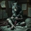 Placeholder: with wolf furry on her full body an anthropomorphic wolf woman hybrid sitting in the middle of a bed with a sewing needle and thread in her paw sewing a material belt, around her in the background are some paper with sketchy line kind drawings from monster on the walls of the wooden house, high realistic, detailed, cinematic, sci-fi, digital art, dark fantasy mood