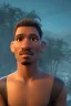 Placeholder: 3D render of a cyberpunk tribal young black man, black hair and goatee, on a dark blue jungle background, digital art