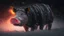 Placeholder: Gorgeous black yellow sabre tooth pig with glowing red eyes in a snow storm at night