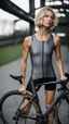 Placeholder: photography of a beautiful anorexic woman, grey satin triathlon top, sports illustrated, blond short wavy bob haircut, pronounced sternum, flat chest, anthracite cycling leggins