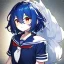 Placeholder: Clear focus, High resolution, rough line sketch art, cute, cartoon, medium blue hair, hair between eyes, fluffy hair, red eyes, wearing a sailor uniform