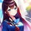 Placeholder: Clear focus, 8k, high quality, detailed, beautiful lighting, girl, vibrant colors, red long hair, vibrant blue eyes, smile, school clothes,