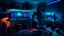 Placeholder: Dimly lit gaming room, with a single desk with a gaming PC, two monitors on the desk, gaming chair, bed in the background, the room is filled with neonlights, night time, atmospheric, detailed.