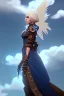 Placeholder: blue sky clouds, blonde steampunk angel in a flowing gown, majestic