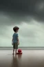 Placeholder: young boy on beach with a man laying down behind him, dark storm clouds overhead, gloomy, bleak, shopping trolley on side, dusk. the road cormac mccarthy