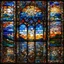 Placeholder: mesmerizing four panel stained glass window depicting different times of the day: daytime - twilight - midnight - sunrise; mosaic with defined tile edges, ultra hd, realistic, vivid colors, best quality, fragile, dynamic, transparency, photorealistic