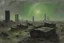 Placeholder: Grey green sky, distant buildings, mist, rocks, sci-fi, cosmic future influence, trascendent, intergalactic influence, ernest welvaert and alfred stevens impressionism paintings