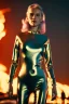 Placeholder: retro sci-fi portrait image from 1980, supermarket explosions, fire, people running, sweet young blonde woman walking, tight latex suit, soft color, highly detailed, unreal engine 5, ray tracing, RTX, lumen lighting, ultra detail, volumetric lighting, 3d, finely drawn, high definition, high resolution.