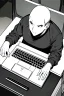 Placeholder: hacker girl use a laptop above a table in a cafe, line arts, greyscale