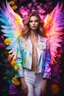 Placeholder: Gorgeous Photography Super Model European Beautiful Woman as Angel with clothing abstracts flowers luxury casual jacket dressing painting art neons rainbow colors glowing in the dark and colorful details, light leaks boleh colors,flowers background