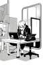 Placeholder: hacker girl with glasses use a laptop sitting in a cafe, line arts, greyscale