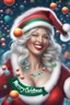 Placeholder: Christmas Themed -- text "Merry Christmas," Multicolored 3D Bubbles, multicolored, Floating 3D hearts with an electrical current, fog, clouds, somber, ghostly mountain peaks, a flowing river of volcanic Lava, fireflies, a close-up, portrait of an Mrs. Santa Claus, smiling a big bright happy smile, wearing a red bikini with white ruffles, black fishnet stockings, black, knee-high platform boots, in the art style of Boris Vallejo