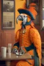 Placeholder: Half parrot half human in a 1700s Orange Dutch uniform in a Dutch cafe