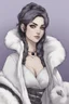 Placeholder: A dnd character sheet. A woman dressed for the cold north in black and white furs, with black hair and lilac eyes. Wolf pelt