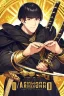 Placeholder: A handsome 30 year old knight, black hair, male bob haircut, in black-and-gold plate armor, golden katana in both hands, no beard, european, proper arms