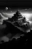 Placeholder: ancient fortress, view from above the clouds, manga style, night time, monochrome