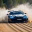 Placeholder: dramatic epic photography ralli art championship supercar race, facing front supercar ,full sticker name DV race decorations,on the way high speed drifting and jumping,on dune and watery spray and dirt roads forest