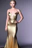 Placeholder: Scarlett Johannson, wearing a gold lame dress with spaghetti straps, standing against a dark background with stage lighting