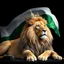Placeholder: Create A hyper-realistic highly detailed, image of a majestic lion lying down, wearing a royal crown. The lion's fur should be rich and textured, with a regal and powerful presence. Behind the lion, the big flag of the Republic of Bulgaria(white, green,red) waves gracefully, its white, green, and red colors vivid and well-defined. The background should be an elegant, deep black, creating a striking contrast that enhances the grandeur of the lion and the flag. The lighting should be drama