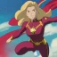 Placeholder: Captain Marvel,flying in the sky, hair on fire, realistic, vibrant colors, Kate beckinsale's face, long hair, gold angel wings, full body, in space, muscular, hyperrealistic