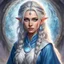 Placeholder: dungeons & dragons; digital art; portrait; female; sorceress; silver eyes; silver hair; braided hair; young woman; greek style robes; long veil; soft clothes; silver and blue robes; dragon scales; mage robes; half-elf; teenager; circle halo background; no jewelry; young; pretty