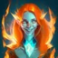 Placeholder: Young Female Pale vampire orange hair smiling pointed ears hologrphic crystal galaxy. Nightmare horror demon inferno glassmorphism.