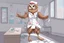 Placeholder: owl nurse in nurse's costume dances in a hospital room while dynamically dispensing pills upwards