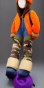 Placeholder: Brunette she.thick thighs,thick calves,normal bodytype. big head. Mantle is sewed of upcycled Denim and sewed together of camouflage pieces. Pieces' color are orange, cream and purple. It is with big bright purple felt tippet and cream-colored-hood. mantle is merged with satchel, ochre. Big AKG-style headphones (gold rings!) is merged with small felt cap with small visor. Style: Haute Couture in 1920's, N.Y.C fashion in 1996, inspired by street art. Cream latex gaiter. Tennis shoes!