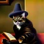 Placeholder: oil portrait of a cat with hat reading a book in a living room with fireplace and smoking a pipe by Diego Velázquez 8k